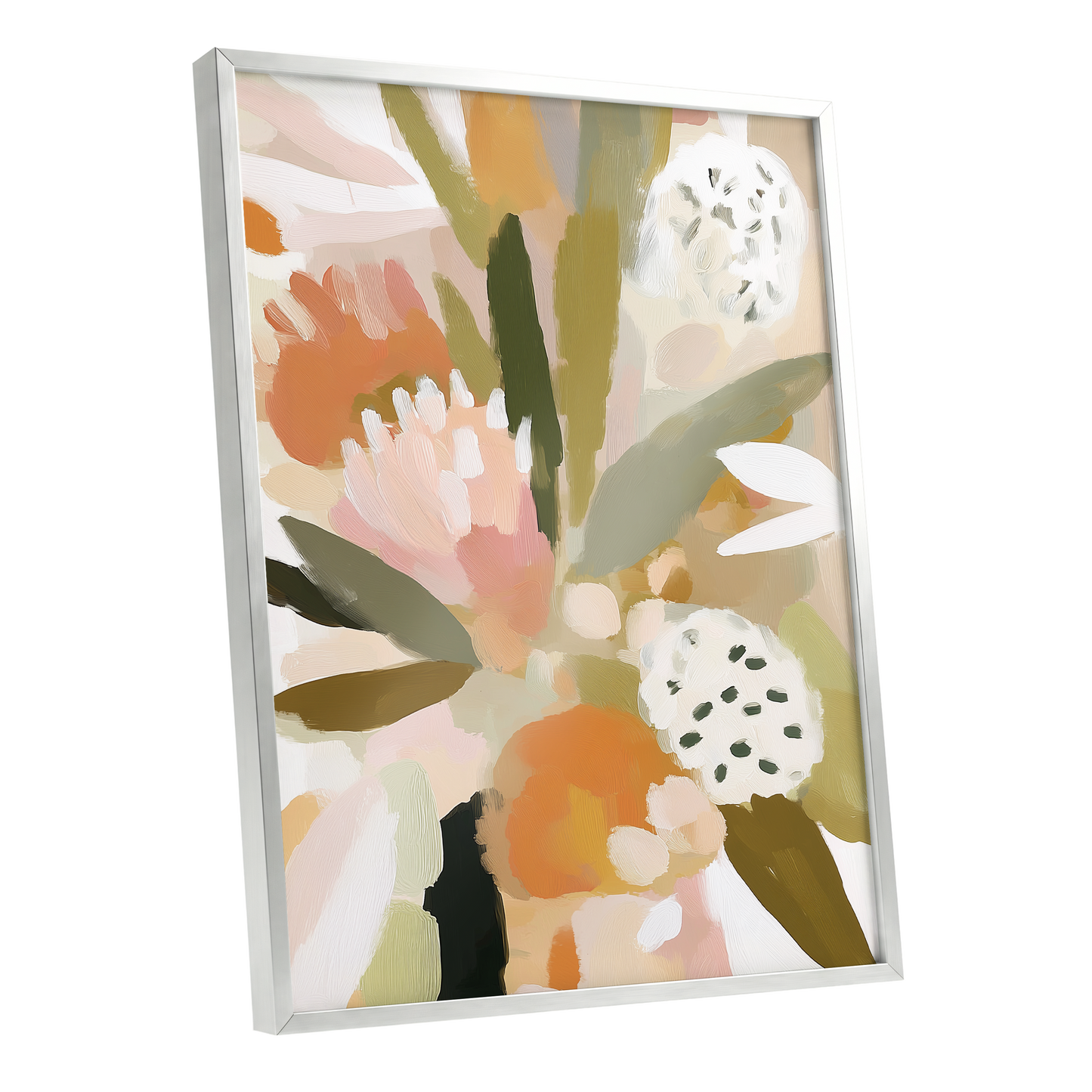 Soft Garden Tapestry, green, beige, pink floral wall art shown as a silver framed poster wall art print
