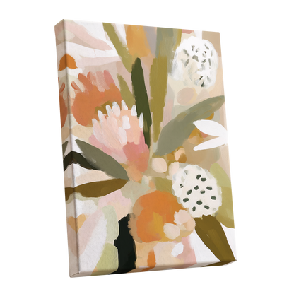 Soft Garden Tapestry, green, beige, pink floral wall art shown as a stretched canvas wall art