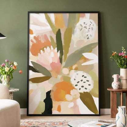 Soft Garden Tapestry, green, beige, pink floral wall art displayed in a styled interior, gallery view 2