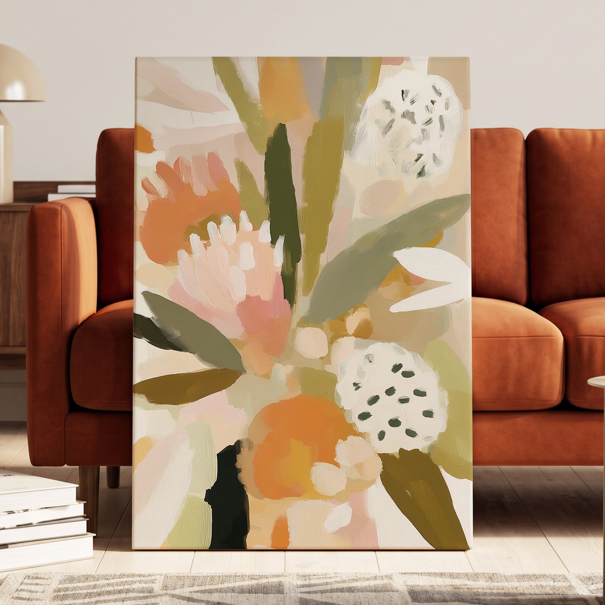 Soft Garden Tapestry, green, beige, pink floral wall art displayed in a styled interior, gallery view 3