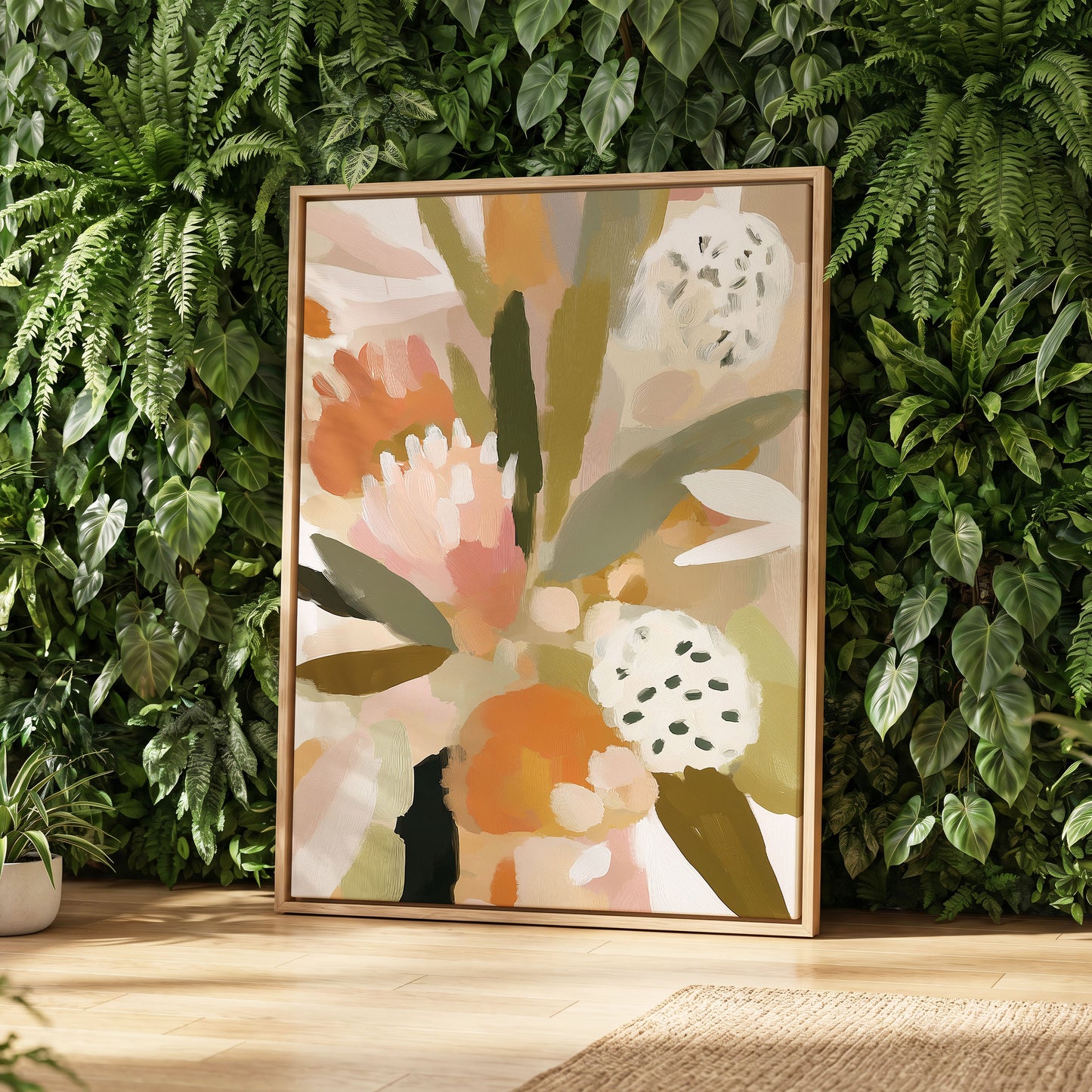 Soft Garden Tapestry, green, beige, pink floral wall art displayed in a styled interior, gallery view 4