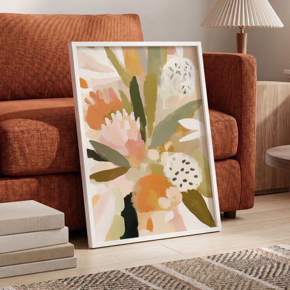 Soft Garden Tapestry, green, beige, pink floral wall art displayed in a styled interior, gallery view 6