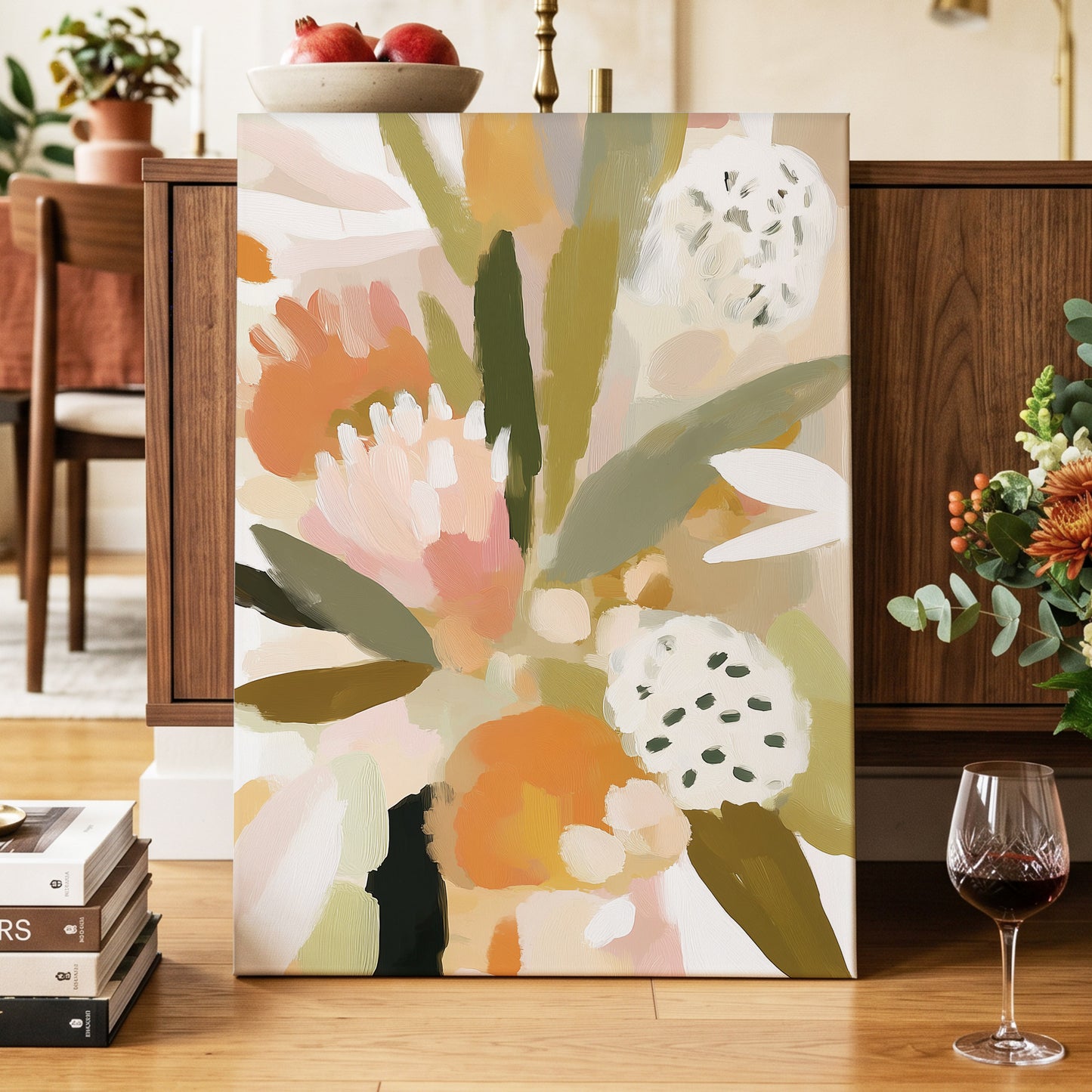 Soft Garden Tapestry, green, beige, pink floral wall art displayed in a styled interior, gallery view 7