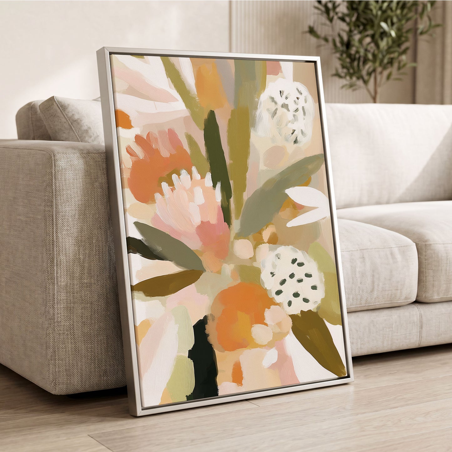 Soft Garden Tapestry, green, beige, pink floral wall art displayed in a styled interior, gallery view 8