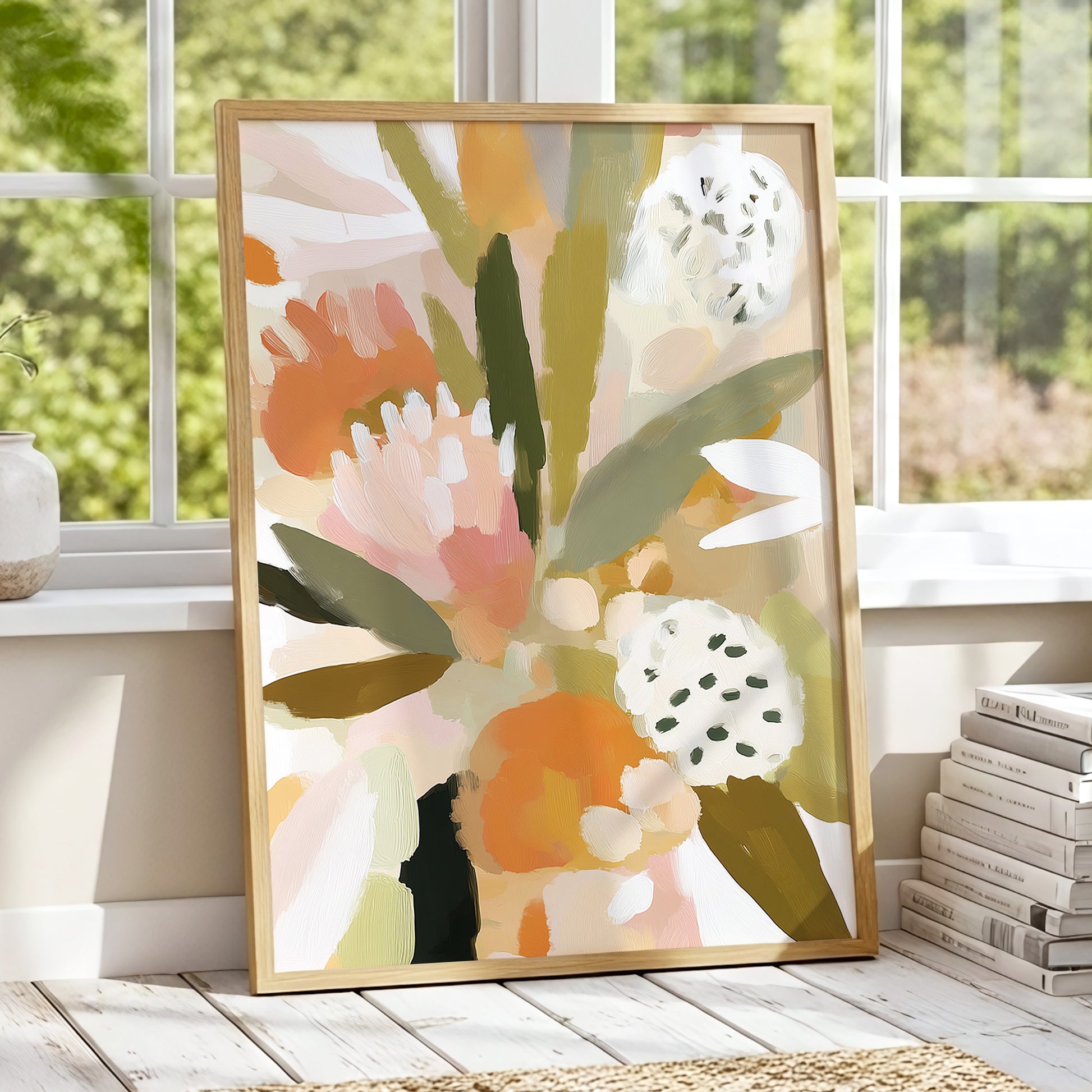 Soft Garden Tapestry, green, beige, pink floral wall art displayed in a styled interior, gallery view 9