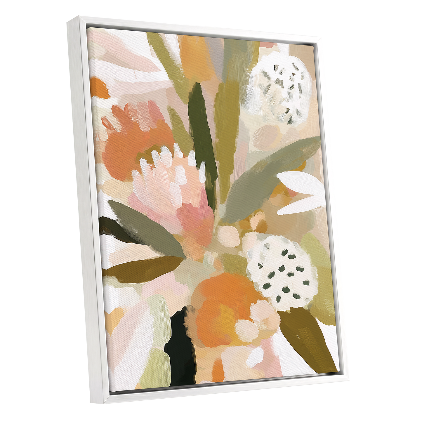 Soft Garden Tapestry, green, beige, pink floral wall art shown as a white framed canvas wall art