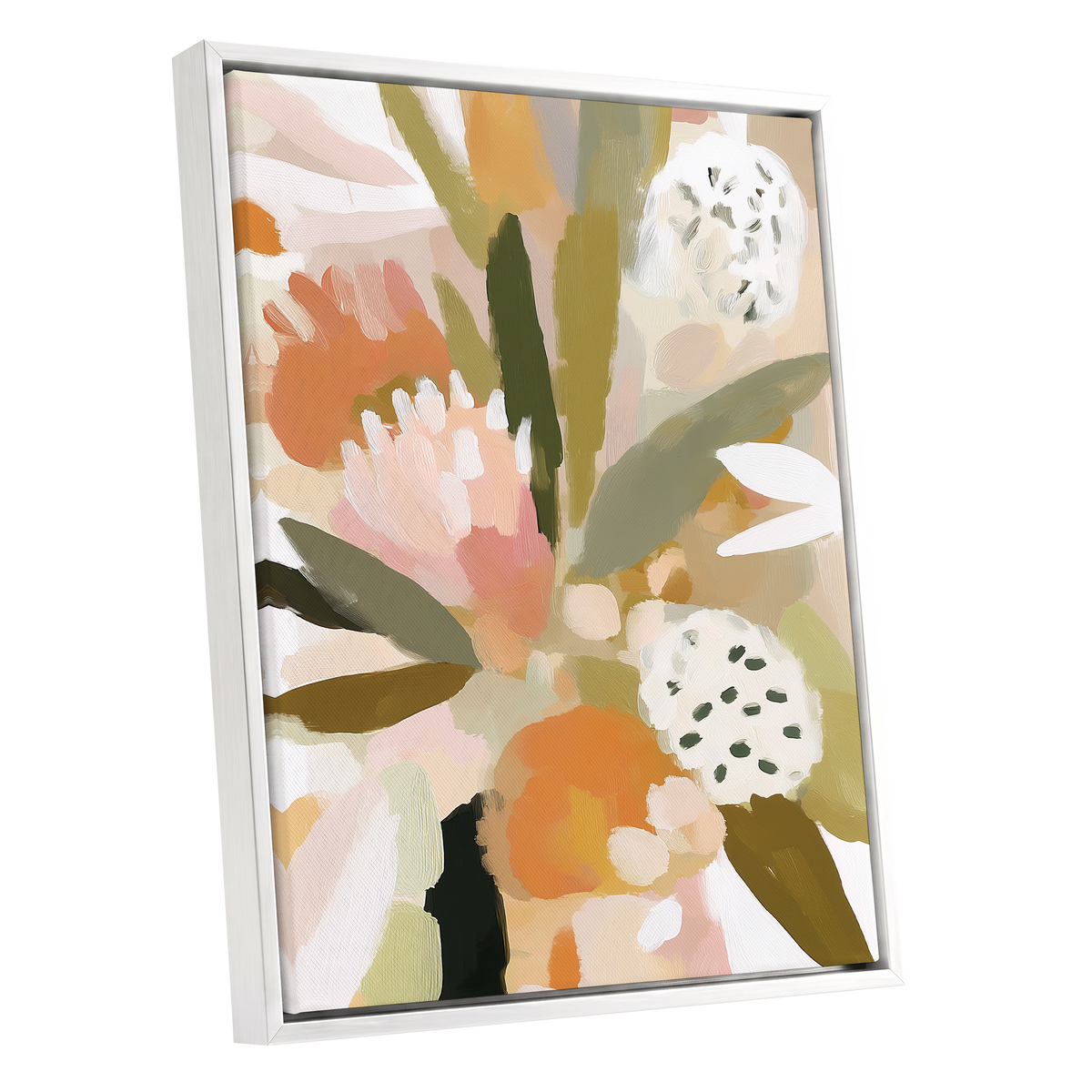 Soft Garden Tapestry, green, beige, pink floral wall art shown as a white framed canvas wall art