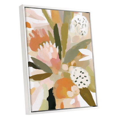 Soft Garden Tapestry, green, beige, pink floral wall art shown as a white framed canvas wall art