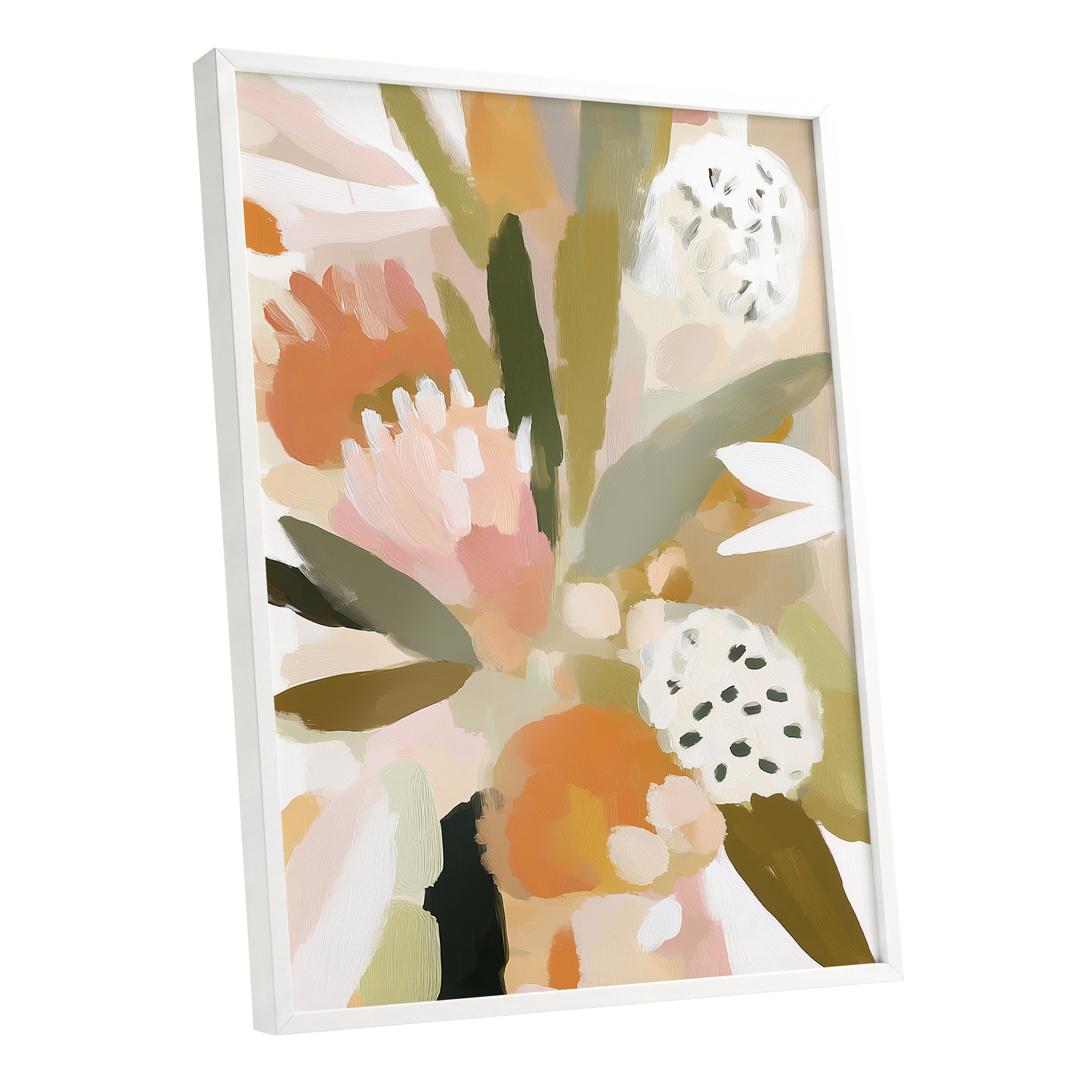 Soft Garden Tapestry, green, beige, pink floral wall art shown as a white framed poster wall art print