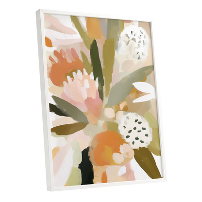 Soft Garden Tapestry, green, beige, pink floral wall art shown as a white framed poster wall art print