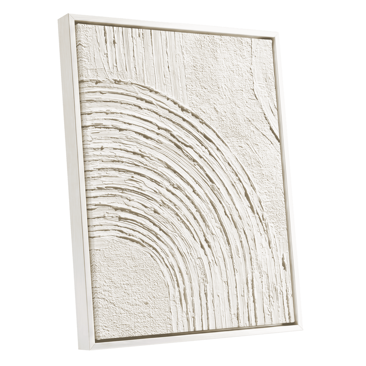 Soft Ivory Arch Texture: a framed abstract canvas print featuring textured, raised concentric arches in warm off-white and cream tones, set in a matching white frame against a solid white background.