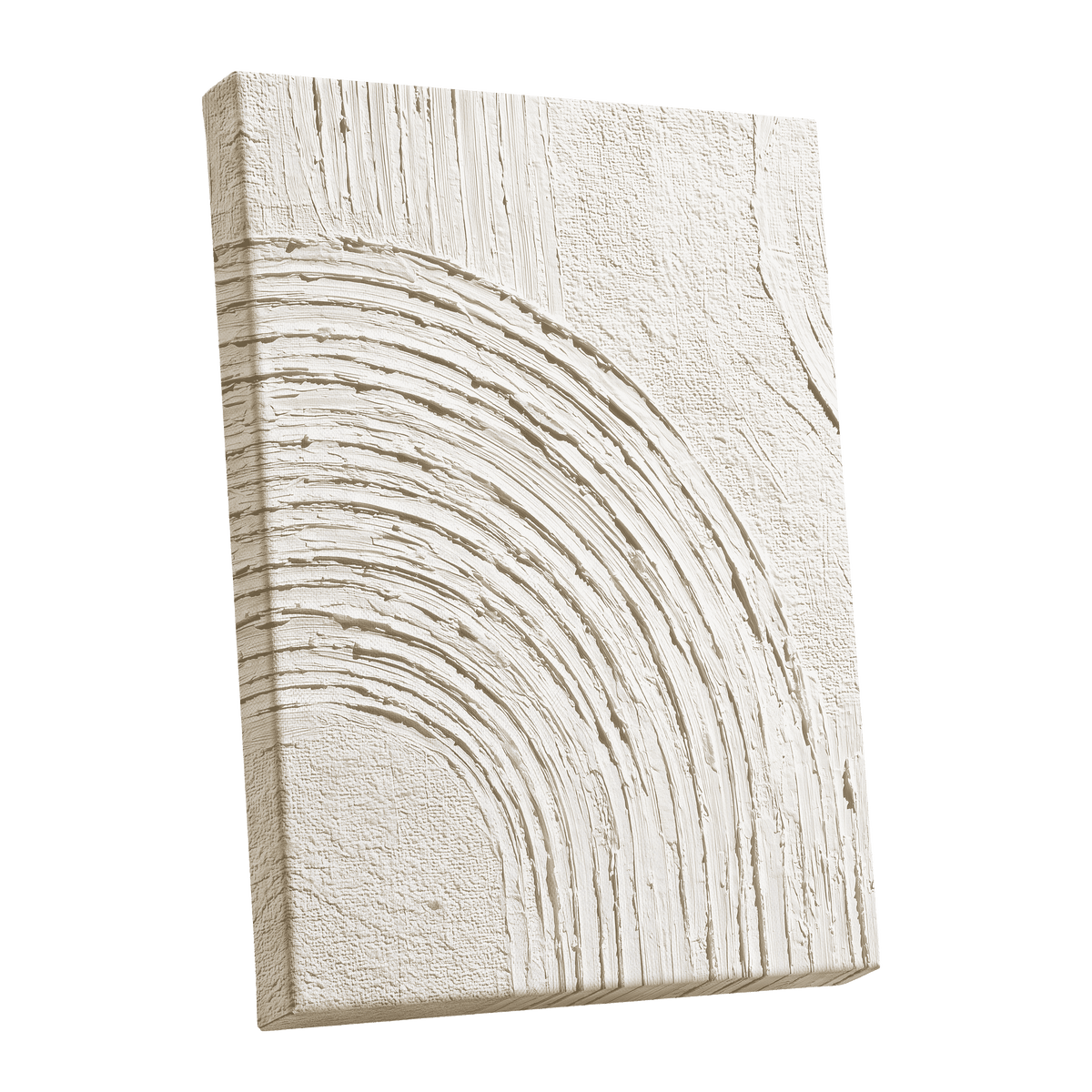 Soft Ivory Arch Texture: a vertical rectangular canvas wall art piece featuring an abstract textured design with concentric semi-circular arches and vertical brush-like lines in warm off-white and cream tones, shown at a slight angle on a plain white background.