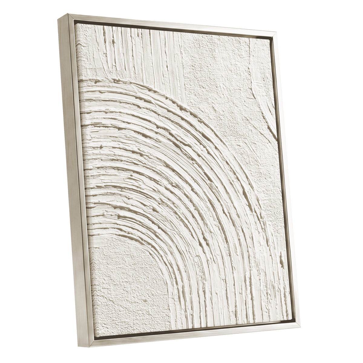 Soft Ivory Arch Texture: abstract framed wall art featuring textured, raised concentric arches in warm off-white and cream tones, set in a light wood or beige frame against a plain white background.