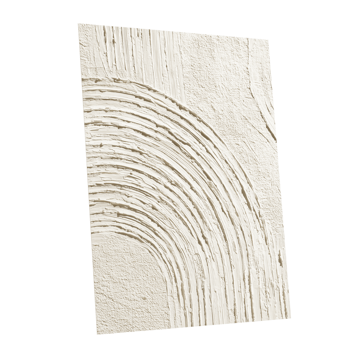 Soft Ivory Arch Texture: an abstract textured wall art panel featuring concentric arches and vertical brushstroke patterns in warm off-white and cream tones, shown against a plain white background.