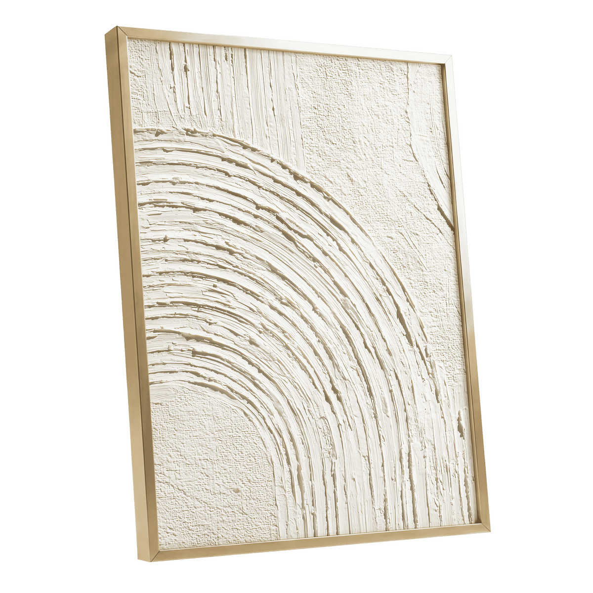 Soft Ivory Arch Texture: framed abstract wall art featuring textured concentric arches and vertical brushstrokes in warm off-white tones, set in a light natural wood frame against a clean white background.