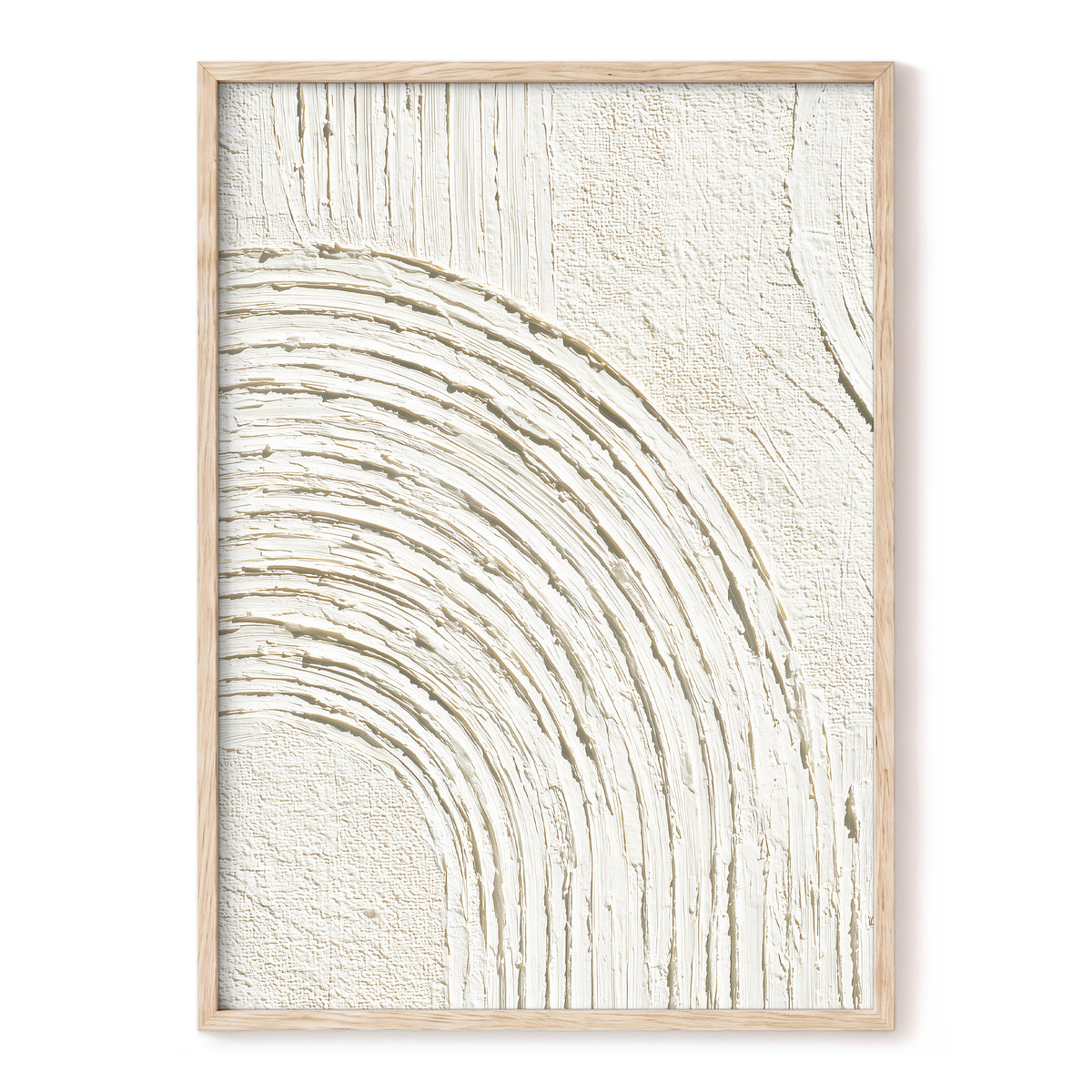 Soft Ivory Arch Texture: framed abstract wall art featuring textured cream and off-white brushstrokes forming a curved arch pattern, set in a light natural wood frame against a white background.