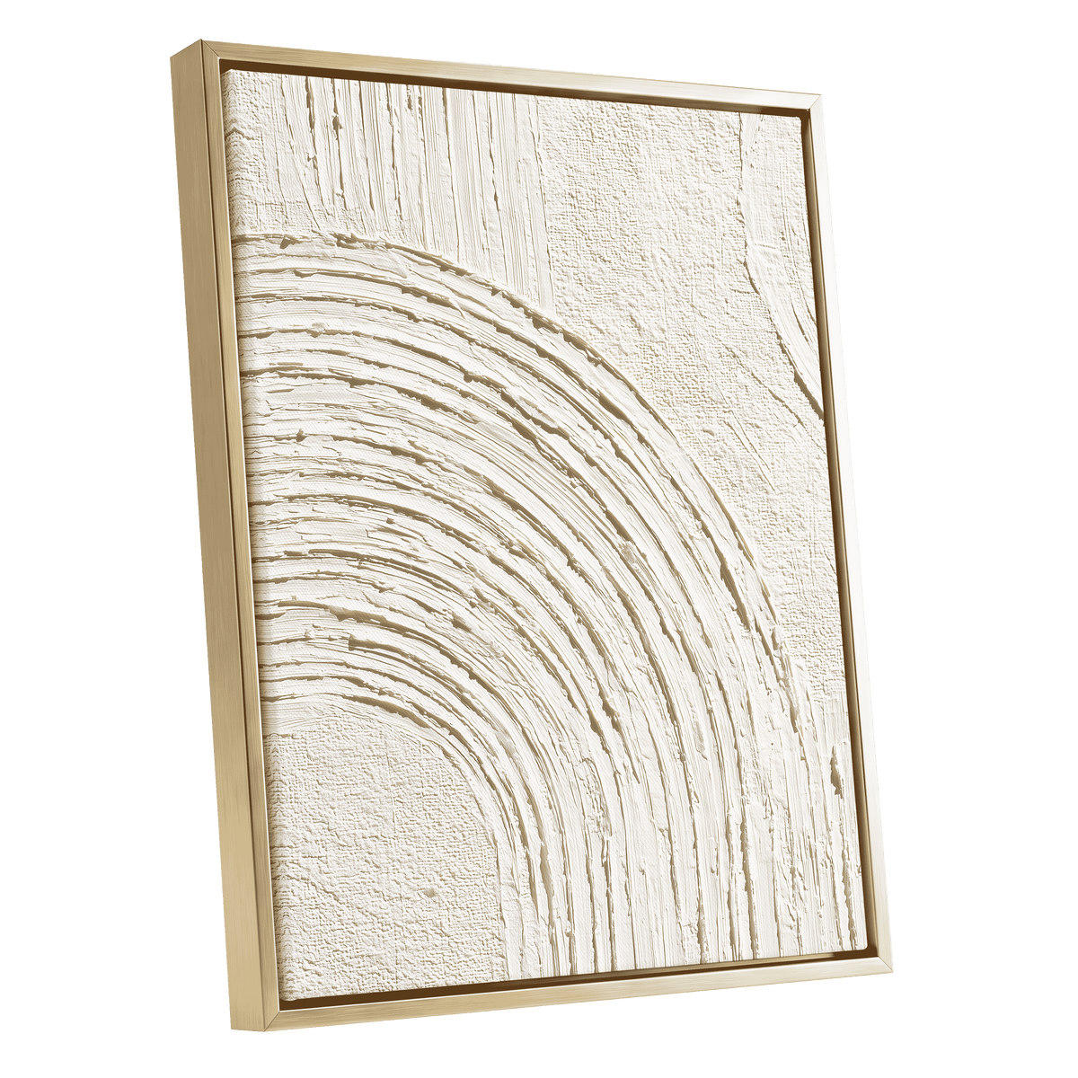 Soft Ivory Arch Texture: framed abstract wall art featuring textured cream and off-white brushstrokes forming a curved arch pattern, housed in a light natural wood frame against a solid white background.