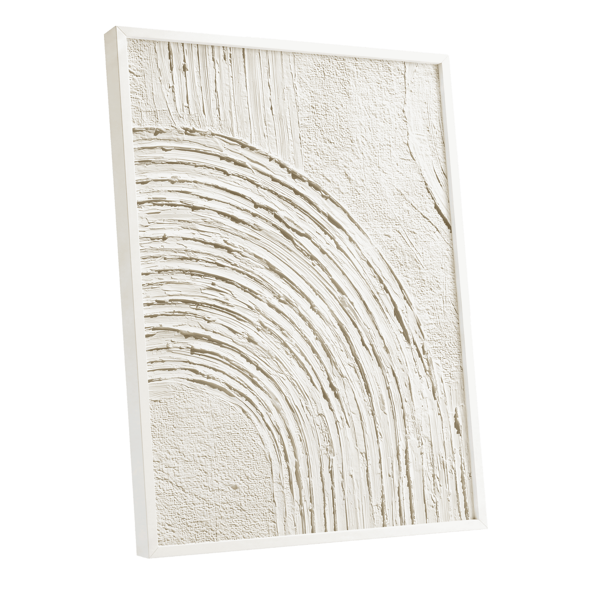 Soft Ivory Arch Texture: framed abstract wall art featuring textured, raised concentric arches and vertical brush-like lines in warm off-white and cream tones, shown at a slight angle against a plain white background.