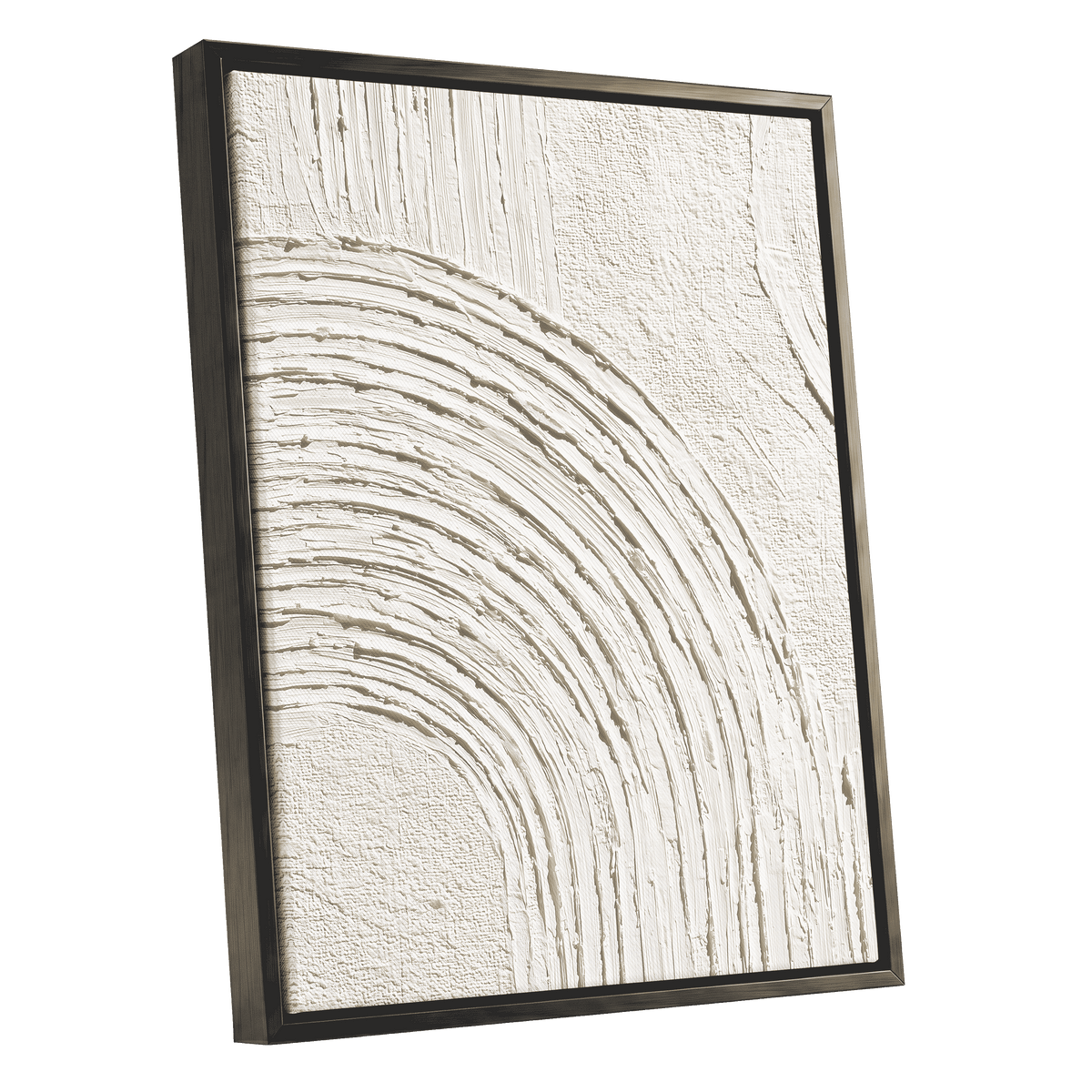 Soft Ivory Arch Texture: framed abstract wall art featuring textured, raised concentric arches in off-white and cream tones, set in a dark charcoal frame against a solid white background.