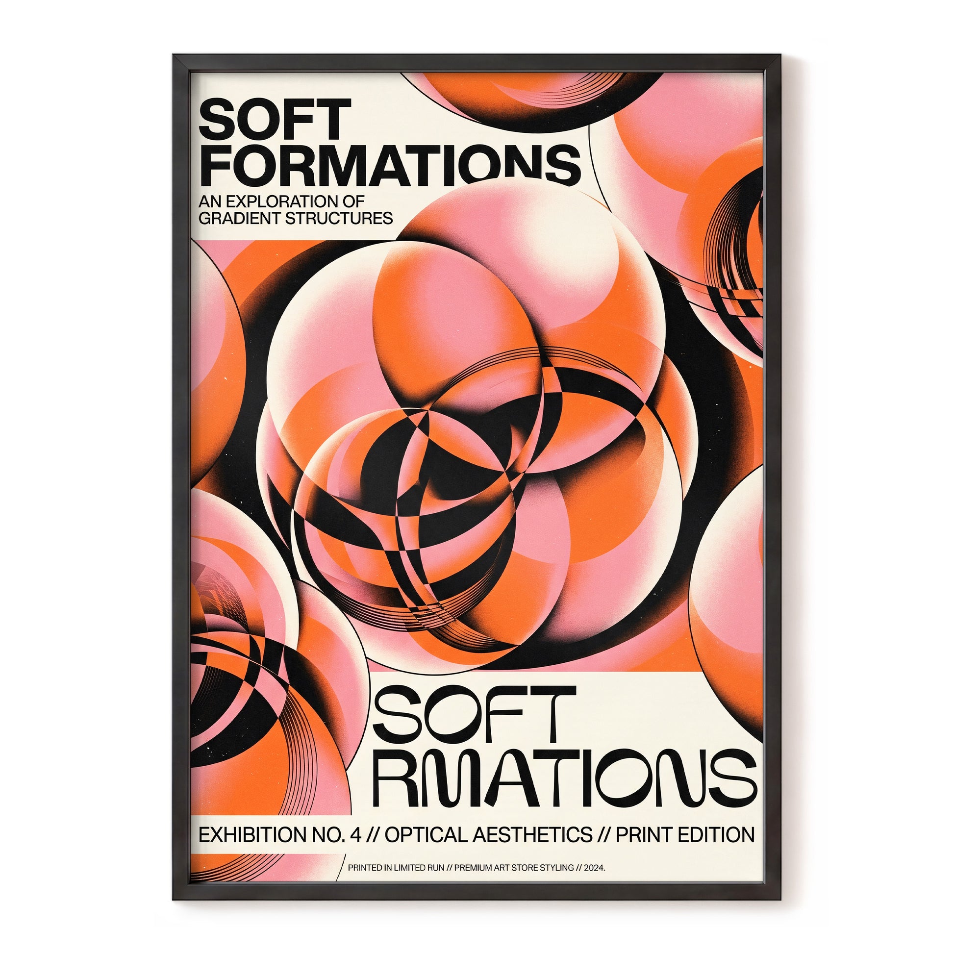 Soft Orbit Forms, pink, orange, black abstract wall art, front artwork view