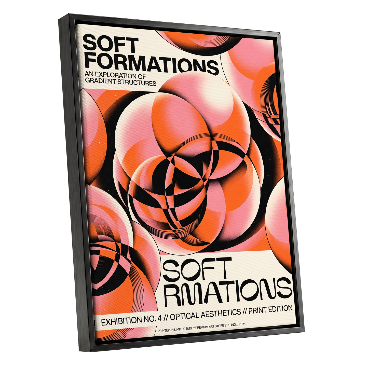 Soft Orbit Forms, pink, orange, black abstract wall art shown as a black framed canvas wall art