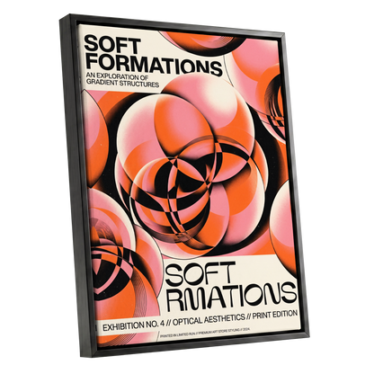 Soft Orbit Forms, pink, orange, black abstract wall art shown as a black framed canvas wall art
