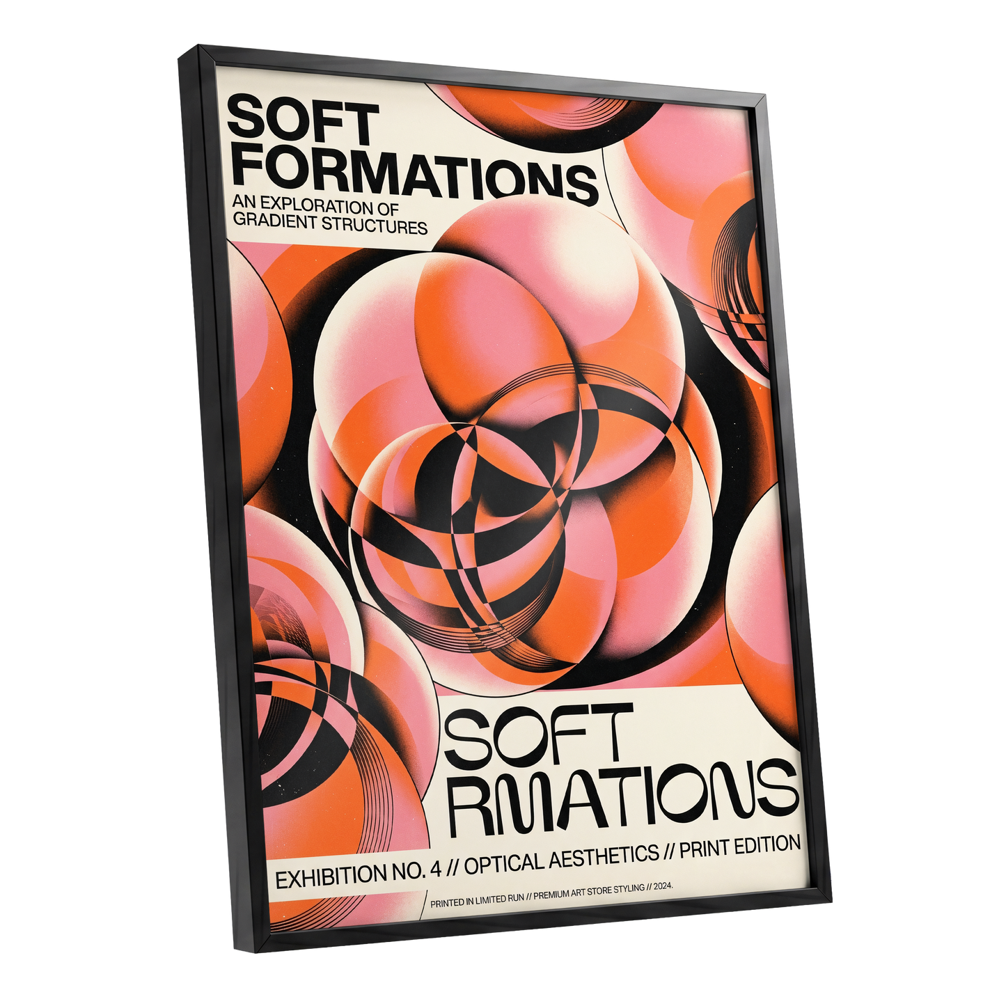 Soft Orbit Forms, pink, orange, black abstract wall art shown as a black framed poster wall art print