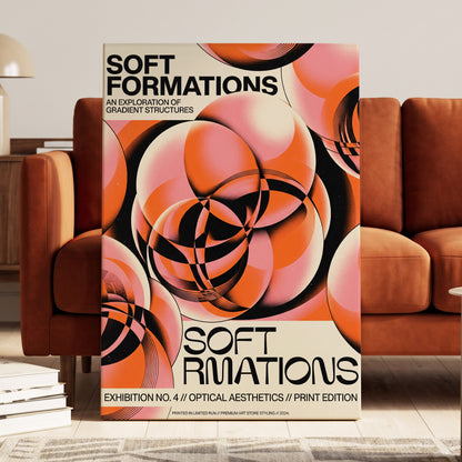 Soft Orbit Forms, pink, orange, black abstract wall art on canvas displayed in a styled interior, gallery view 1