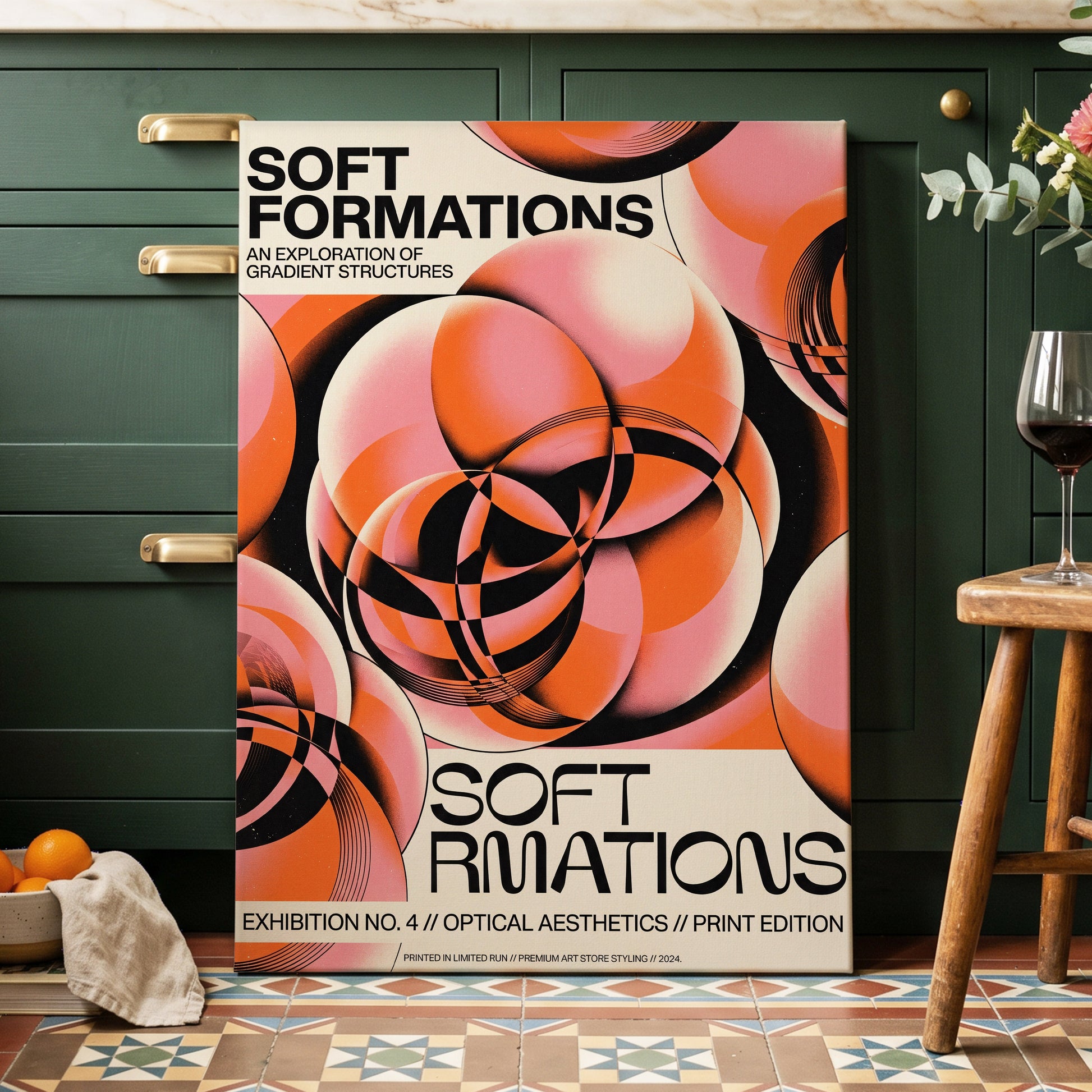 Soft Orbit Forms, pink, orange, black abstract wall art on canvas displayed in a styled interior, gallery view 2