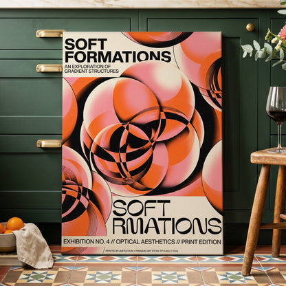 Soft Orbit Forms, pink, orange, black abstract wall art on canvas displayed in a styled interior, gallery view 2