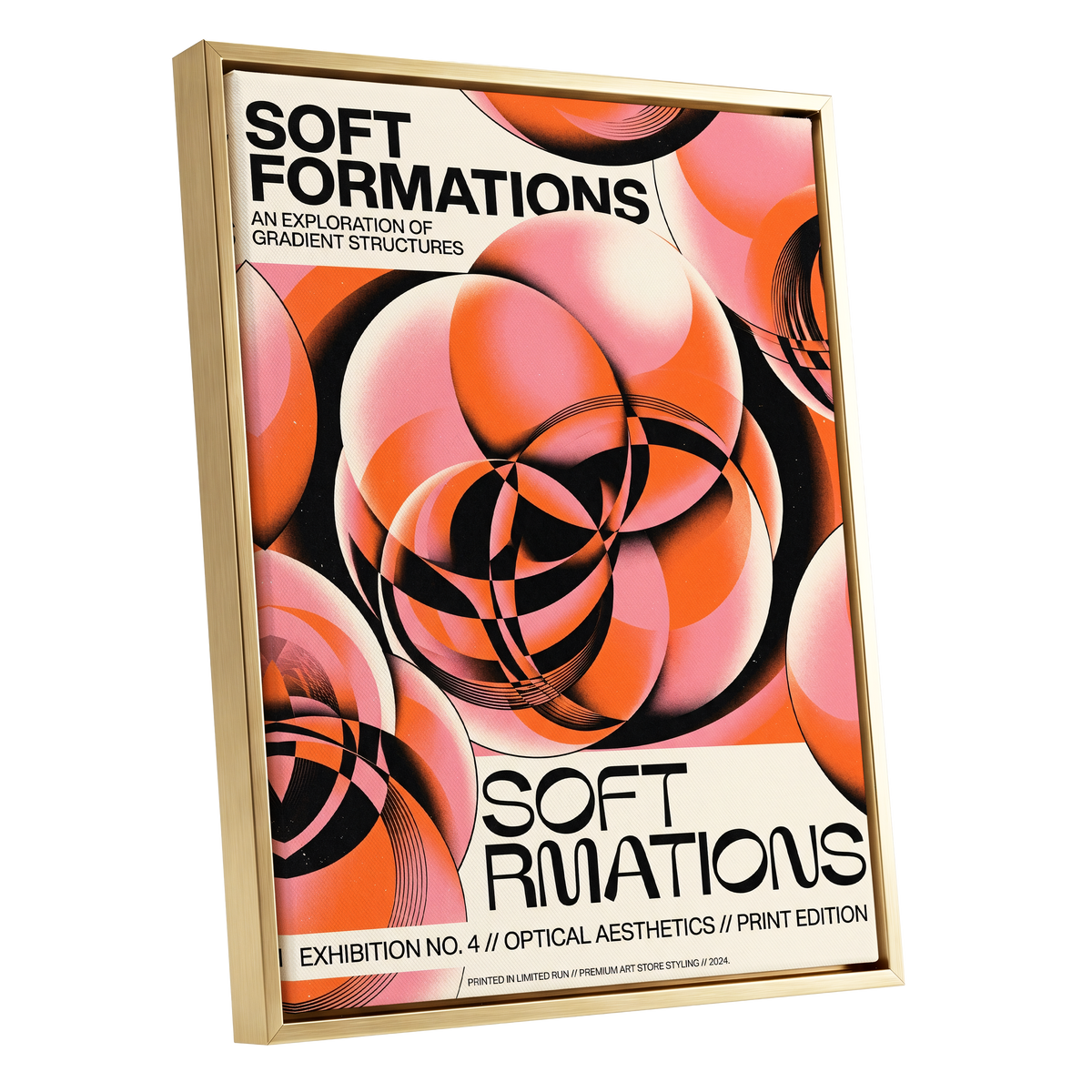 Soft Orbit Forms, pink, orange, black abstract wall art shown as a gold framed canvas wall art