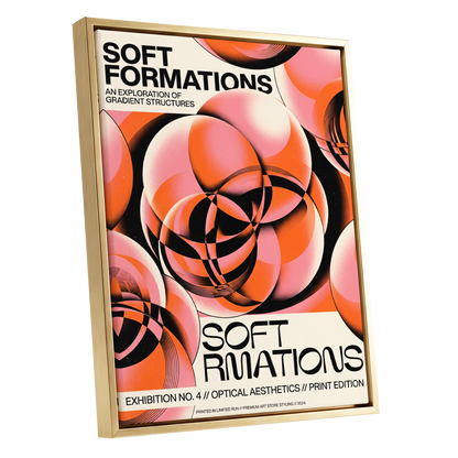 Soft Orbit Forms, pink, orange, black abstract wall art shown as a gold framed canvas wall art