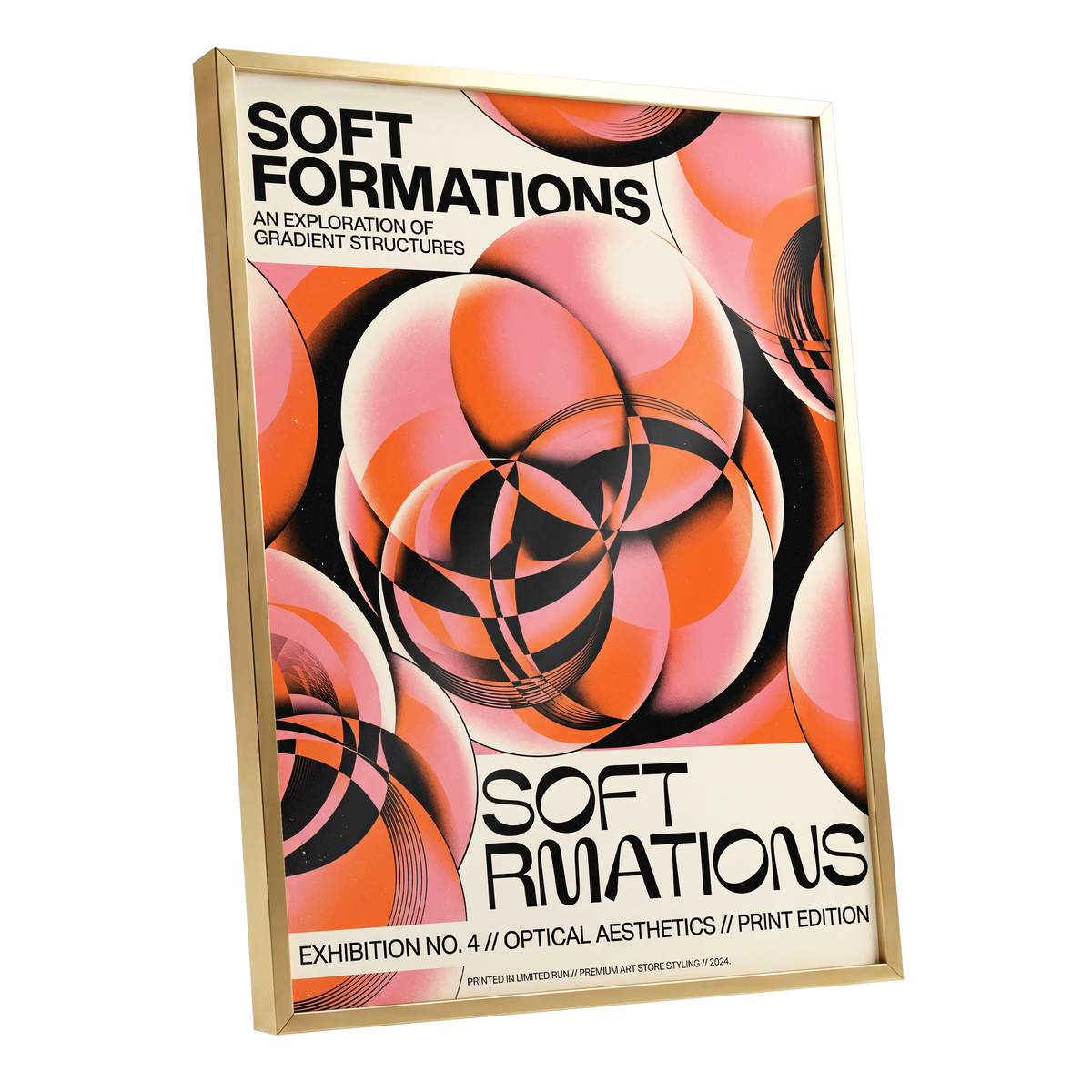 Soft Orbit Forms, pink, orange, black abstract wall art shown as a gold framed poster wall art print