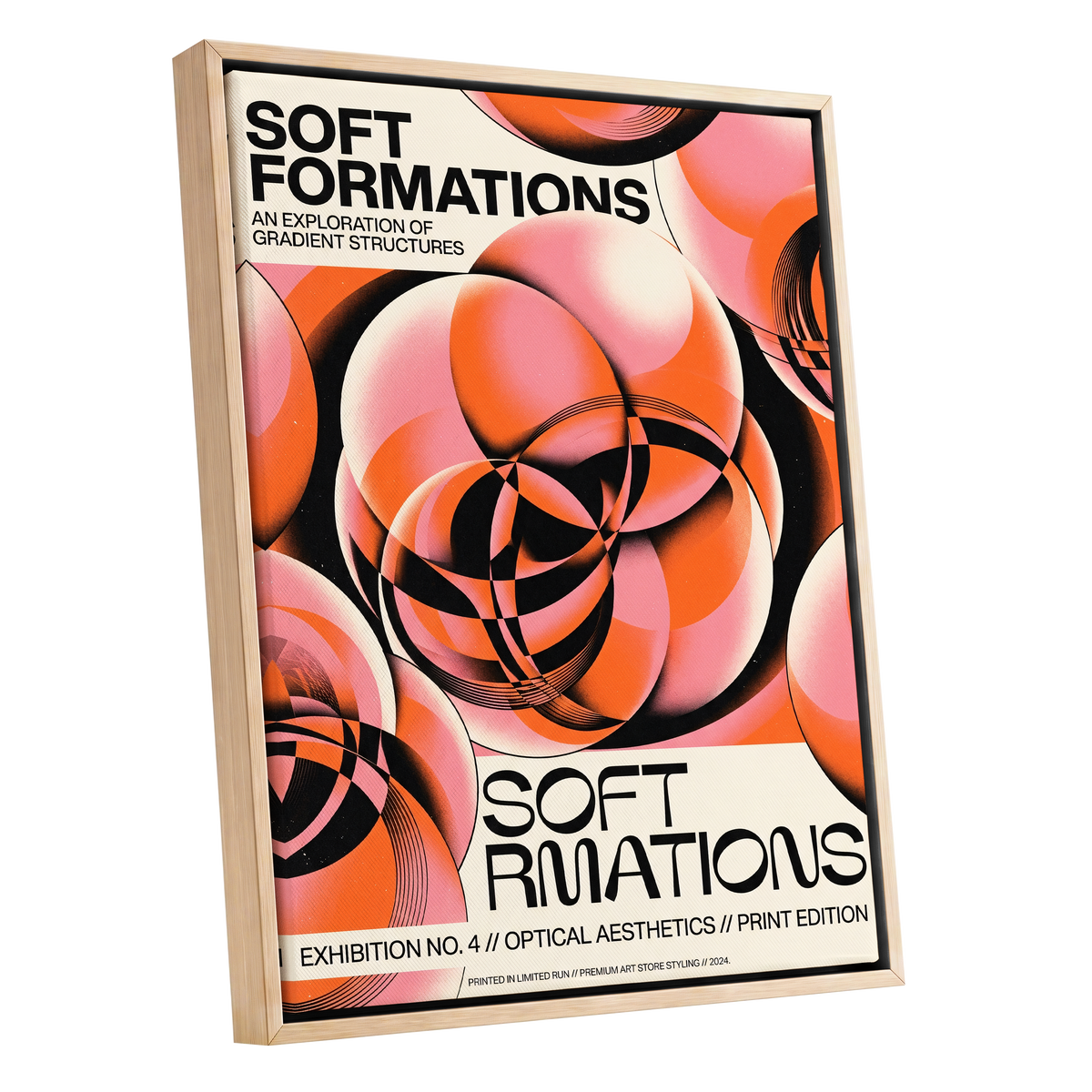 Soft Orbit Forms, pink, orange, black abstract wall art shown as a oak framed canvas wall art