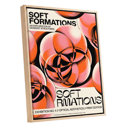 Soft Orbit Forms, pink, orange, black abstract wall art shown as a oak framed canvas wall art