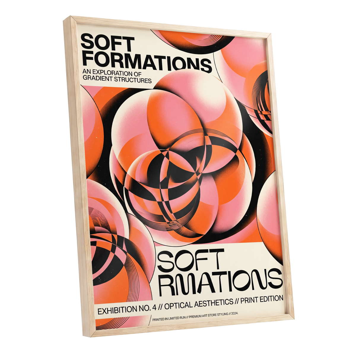 Soft Orbit Forms, pink, orange, black abstract wall art shown as a oak framed poster wall art print