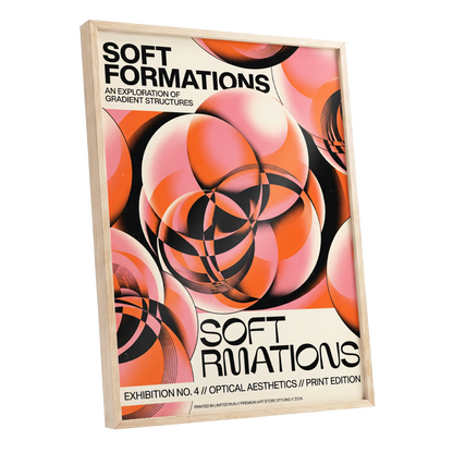 Soft Orbit Forms, pink, orange, black abstract wall art shown as a oak framed poster wall art print