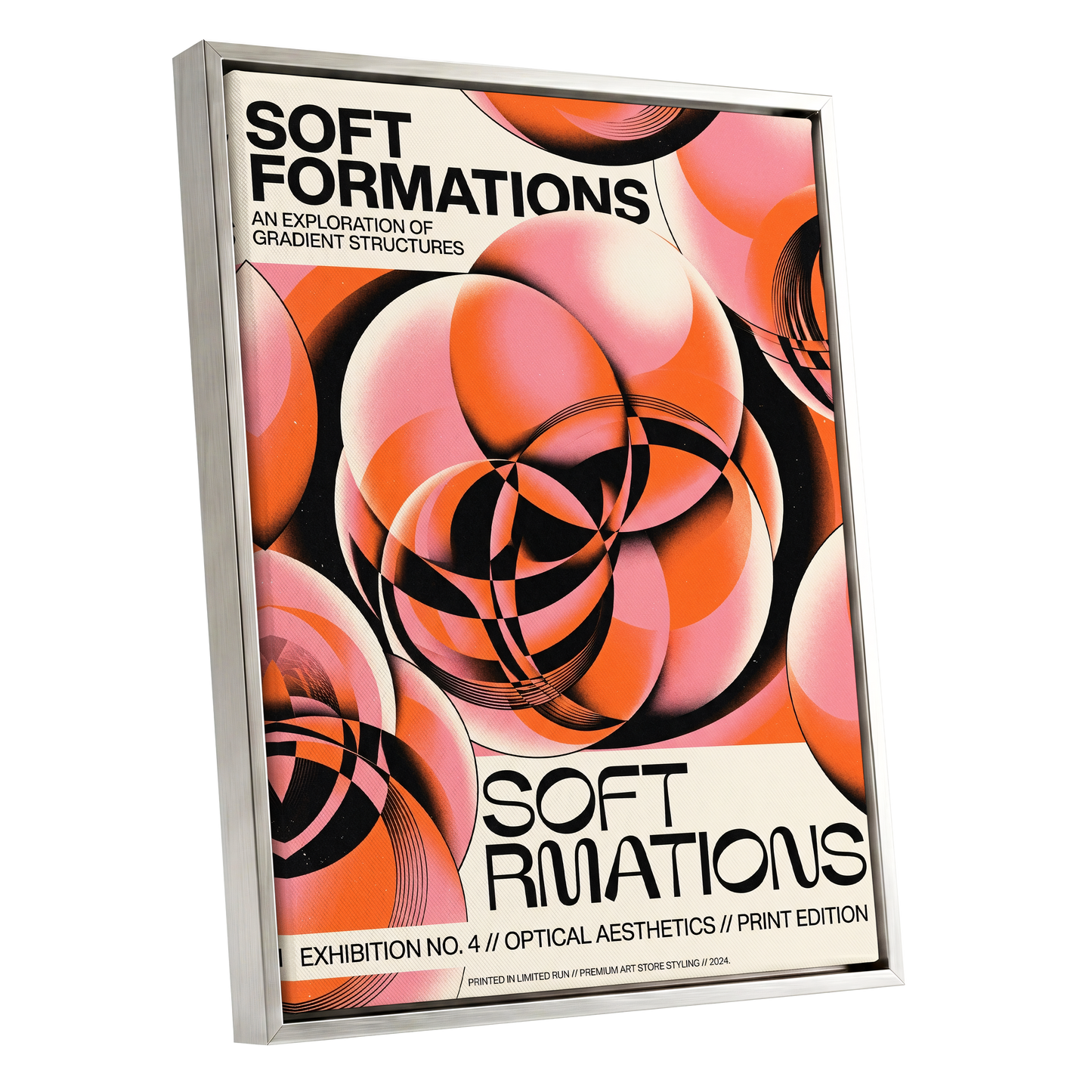 Soft Orbit Forms, pink, orange, black abstract wall art shown as a silver framed canvas wall art