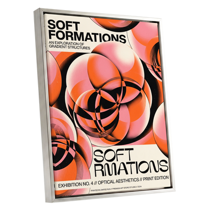 Soft Orbit Forms, pink, orange, black abstract wall art shown as a silver framed canvas wall art