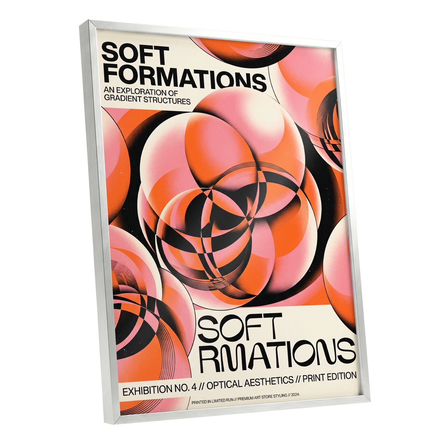 Soft Orbit Forms, pink, orange, black abstract wall art shown as a silver framed poster wall art print
