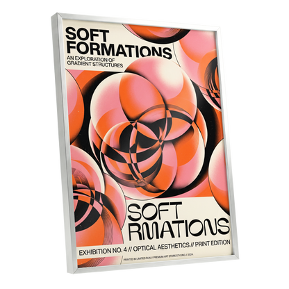 Soft Orbit Forms, pink, orange, black abstract wall art shown as a silver framed poster wall art print