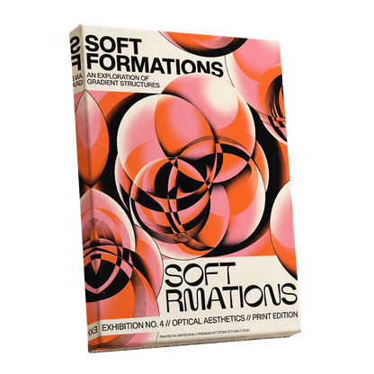 Soft Orbit Forms, pink, orange, black abstract wall art shown as a stretched canvas wall art
