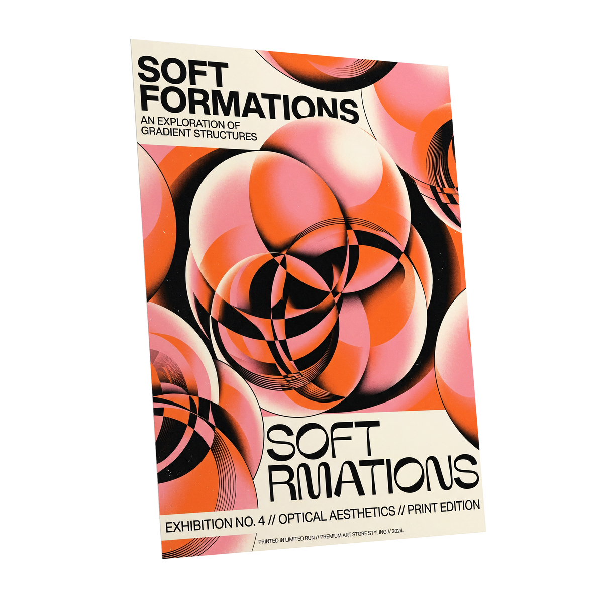 Soft Orbit Forms, pink, orange, black abstract wall art shown as a unframed poster wall art print