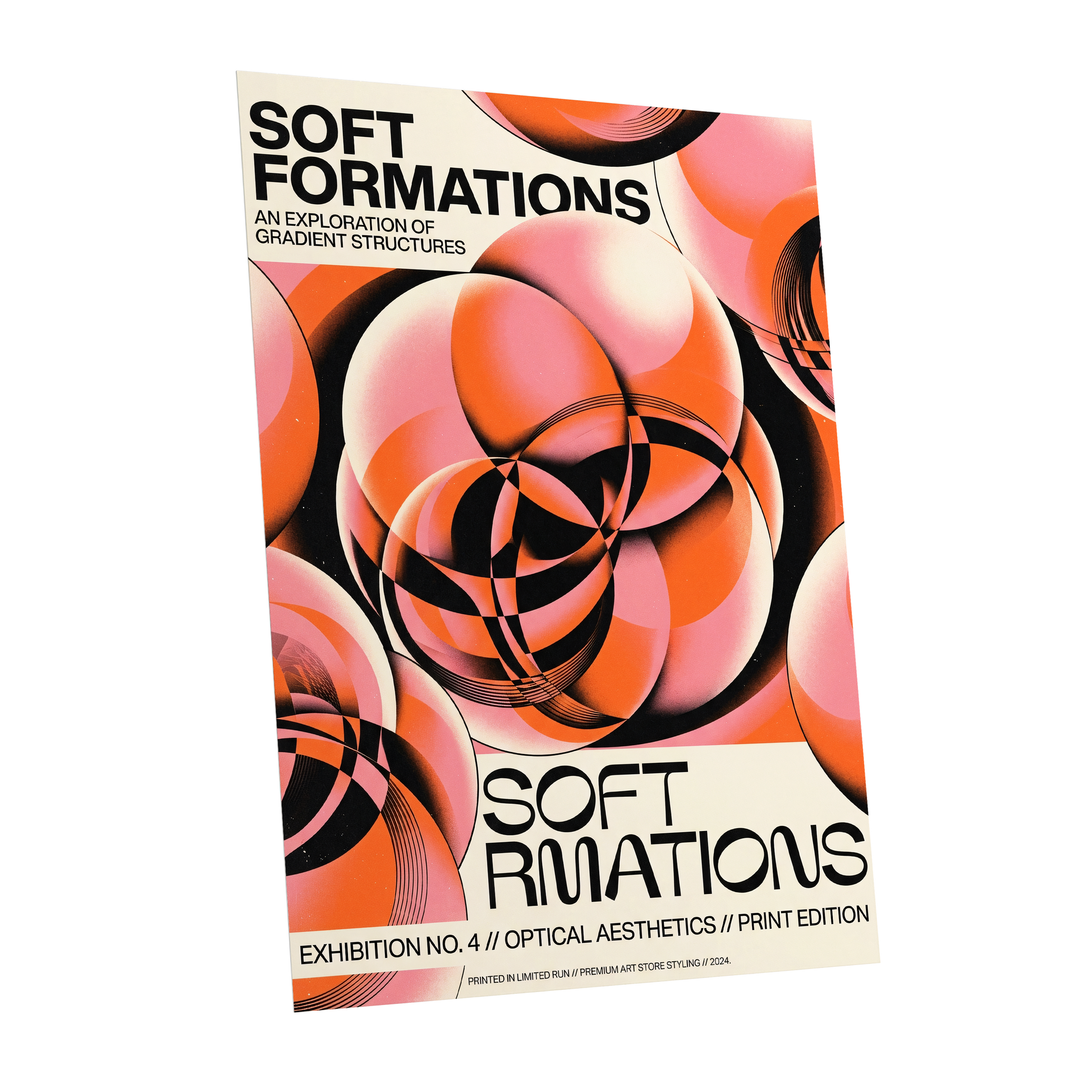 Soft Orbit Forms, pink, orange, black abstract wall art shown as a unframed poster wall art print