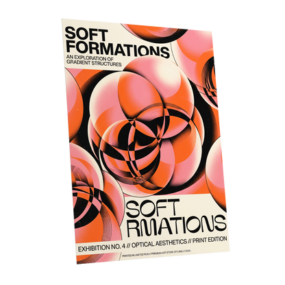 Soft Orbit Forms, pink, orange, black abstract wall art shown as a unframed poster wall art print