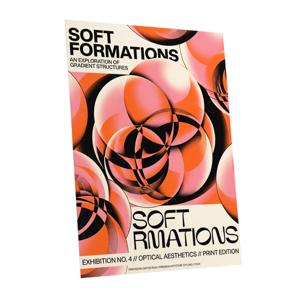 Soft Orbit Forms, pink, orange, black abstract wall art shown as a unframed poster wall art print