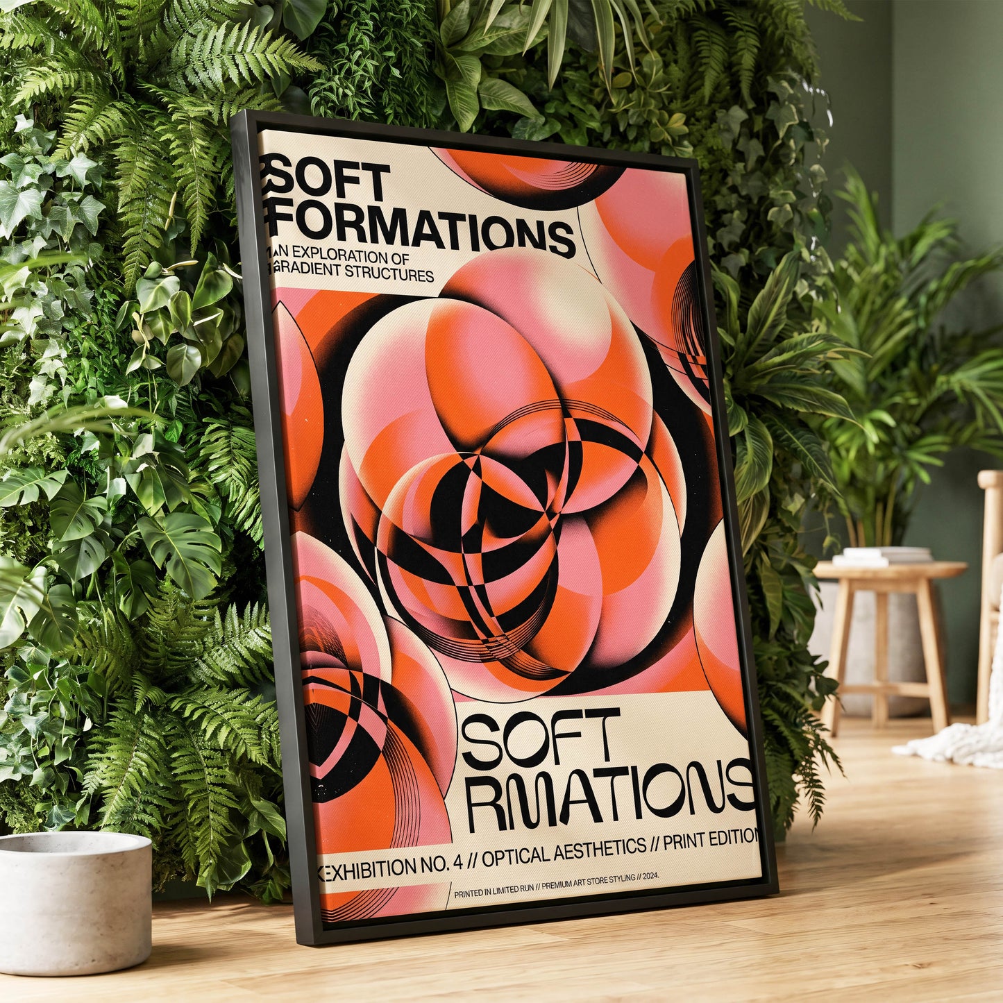 Soft Orbit Forms, pink, orange, black abstract wall art displayed in a styled interior, gallery view 1