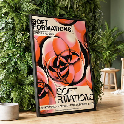 Soft Orbit Forms, pink, orange, black abstract wall art displayed in a styled interior, gallery view 1