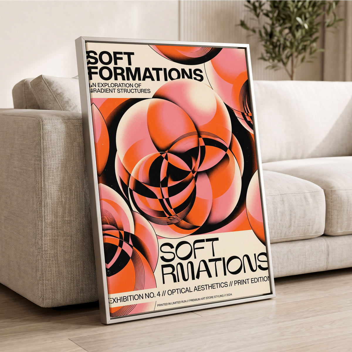 Soft Orbit Forms, pink, orange, black abstract wall art displayed in a styled interior, gallery view 2