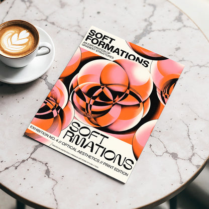 Soft Orbit Forms, pink, orange, black abstract wall art displayed in a styled interior, gallery view 3